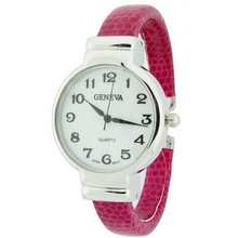 Petite Cuff with Round Dial and Sophisticated Lizard Texture Design - Fuchsia