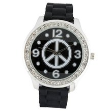 Round Face Silicone w/ Peace Sign and Crystal Accents - Black