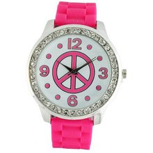 Round Face Silicone w/ Peace Sign and Crystal Accents - Fuchsia