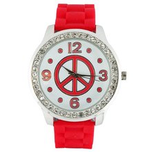 Round Face Silicone w/ Peace Sign and Crystal Accents - Red