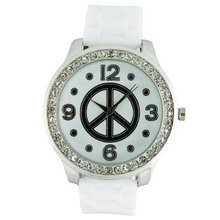 Round Face Silicone w/ Peace Sign and Crystal Accents - White