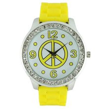 Round Face Silicone w/ Peace Sign and Crystal Accents - Yellow