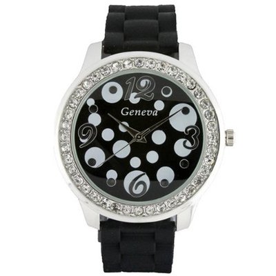 Round Face Silicone w/ Polka Dots and Crystal Accents - Black