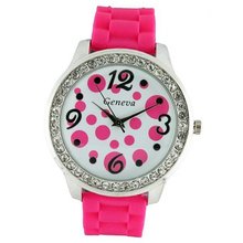 uHPW Round Face Silicone w/ Polka Dots and Crystal Accents - Fuchsia 
