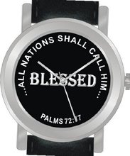 "Blessed" From Psalms 72:17 Has the Inspirational Words on the Dial of the Unisex Size Brushed Chrome Round Case with Black Leather Strap