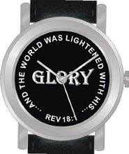 "Glory" From Revelations 18:1 Has the Inspirational Words on the Dial of the Unisex Size Brushed Chrome Round Case with Black Leather Strap