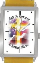 "God and Country - A Perfect Blend" Is the Inspirational Theme on the Dial of the Unisex Size Polished Chrome Rectangle Case with Yellow Leather Strap