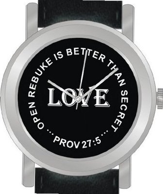 "Love" From Proverbs 27:5 Has the Inspirational Words on the Dial of the Unisex Size Brushed Chrome Round Case with Black Leather Strap