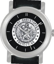 "St. Christopher Protect Us" Is the Inspirational Image on the Dial of the Unisex Size Brushed Chrome Round Case with Black Leather Strap