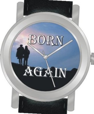 uInspirational Time "Born Again" Is the Inspirational Image on the Dial of the Unisex Size Brushed Chrome Round Case with Black Leather Strap 