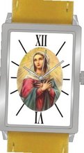 "Virgin Mary" Is the Inspirational Image on the Dial of the Unisex Size Polished Chrome Rectangle Case with Yellow Leather Strap