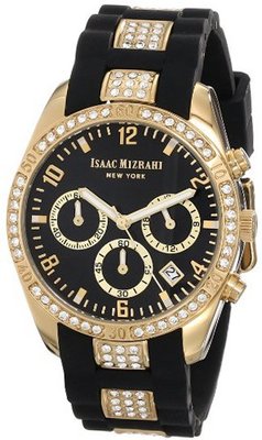 Isaac Mizrahi IMN15GB Gold Tone Crystal Case Crystal Accented Black Silicone Strap