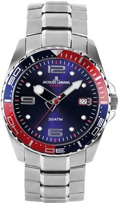 Stainless Steel Haiti Diver Blue Dial Red Accents Quartz By Jacques Lemans