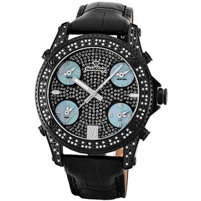JBW JB-6244-C "Jet Setter" Five Time Zone Diamond Ion-Plated Stainless Steel Black Leather