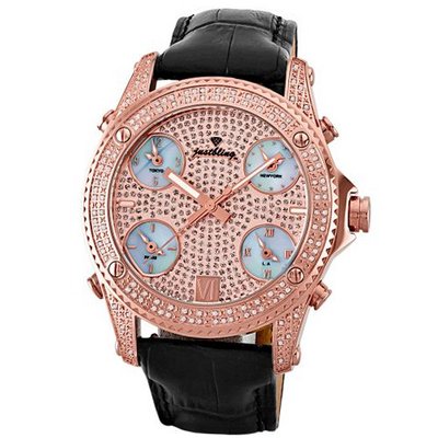 JBW JB-6244-D "Jet Setter" Five Time Zone Diamond 18K Rose-Gold Plated Stainless Steel Black Leather