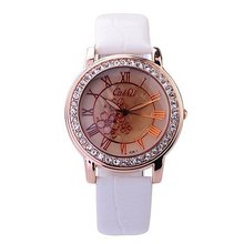 CaiQi Round Dial Wrist with Quartz Movement/Rhinestone Decoration/PU Leather Band for Woman - White Band