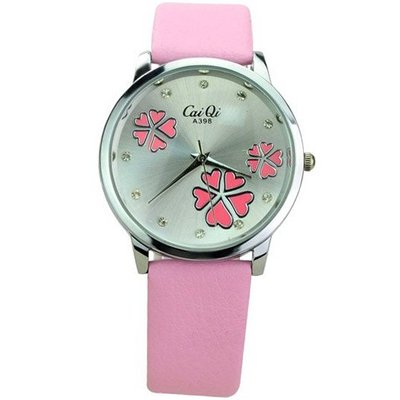 PU Leather Band Round Dial Embedded Flower Pattern Rhinestones as Scale Quartz Movement-Pink