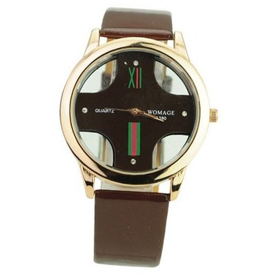 Round Dial/PU Leather Band Quartz Movement Corss Transparent -Brown