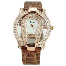 Transparent Dial Covered with Shinning Rhinestone Crystal Quartz Movement with PU Leather Band-Brown band