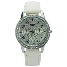 ujss Elegant Round Dial Rhinestones Date and Week Quartz Movement with Waterproof and Stainless Steel Back-White 