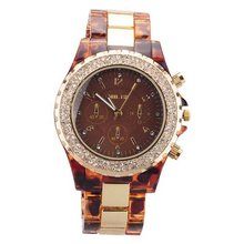 ujss Quartz Wrist w/Plastic + Stainless Steel Band & Rhinestone Decorations for Female Brown Dial 