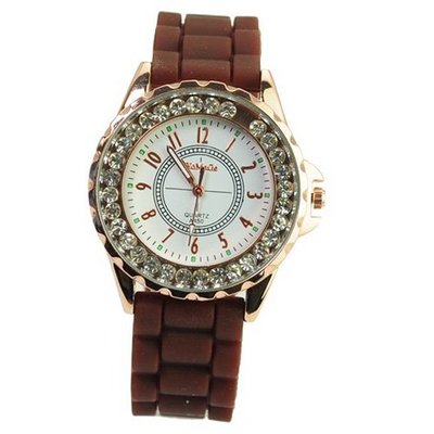 WoMaGe Graceful Quartz Movement with Round Dial/Silicone Band/Rhinestone for Woman-Brown band