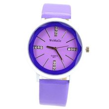 WOMAGE Graceful with Round Dial/PU Leather Band/Rhinestone Scale/Stainless Steel Back -Purple