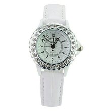 Woman Mini PU Leather Wristband Casual with Round Dial Covered Rhinestone-White