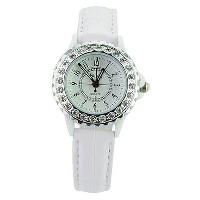 Woman Mini PU Leather Wristband Casual with Round Dial Covered Rhinestone-White