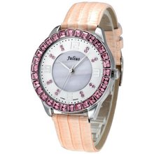 Julius JA-379F White round Dial Pink Leather Band Analog Woman Wrist