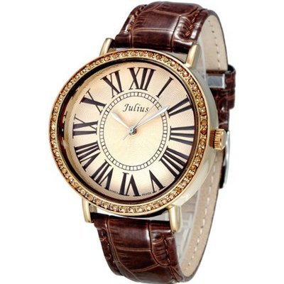 Julius JA-383E Reddish Brown or Copper Color round Dial Brown Leather Band Analog Woman Wrist