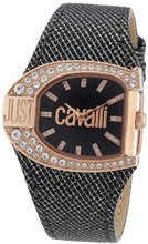 Just Cavalli R7251160506 Logo Rose Gold Ion-Plated Coated Stainless Steel Swarovski Crystal Black Leather