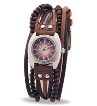Kahuna kls-0083L Ladies Brown Leather Cross Over Strap Rectangle Stainless Steel Head Casing Cream Dial With Brown Flower Detail