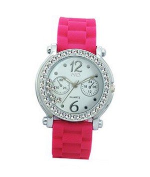 TRENDY FASHION Hot Pink Silicon Strap , Silver Stone Case/White Dial, Floating Stones BY FASHION DESTINATION