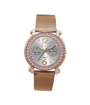 TRENDY FASHION Rose Gold Mesh Band , Lavander Stone Case/Silver Dial, Floating Stones BY FASHION DESTINATION