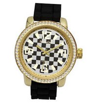 uKarmas Canvas TRENDY FASHION Black Silicon Strap , Gold Case/Black-White Checkered Dial W/Stone BY FASHION DESTINATION 