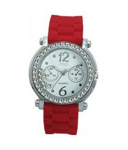uKarmas Canvas TRENDY FASHION Red Silicon Strap , Silver Stone Case/White Dial, Floating Stones BY FASHION DESTINATION 