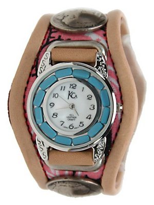 Kc,s Leather Craft Bracelet Three Concho Turquoise Movement Inlay Color Pink