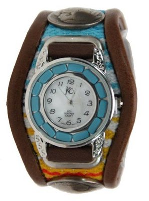 Kc,s Leather Craft Bracelet Turquoise Movemnet 3 Concho Inlay Multi Sarape Color Dark Brown