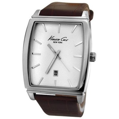 Kenneth Cole KCW1026 White Analog Date Dial Brown Leather Strap  NEW