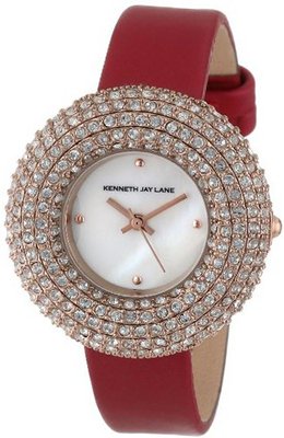 Kenneth Jay Lane KJLANE-2506S-05 Mother-Of-Pearl Dial Crystal Accented Red Silk and Leather