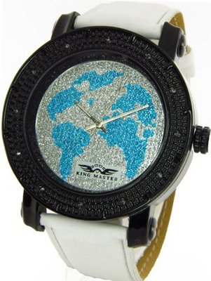 King Master Genuine Diamond World Map Black Case White Leather Band w/ 2 Interchangeable Bands #KM-534
