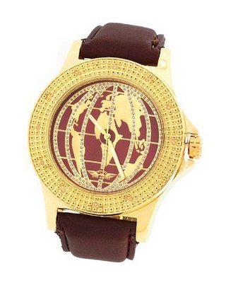 King Master Gold Tone Case Brown Leather Band World Map Dial 0.12Ct Diamond 105M