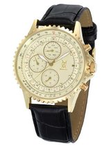 Gold Black Leather Strap Large Dial Diamond Accent Multifunction Day Date Konigswerk SQ201422G