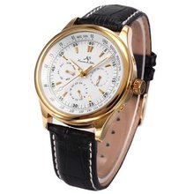 KS Leather Band Gold Case Automatic Mechanical 6 Hands Date Day KS094