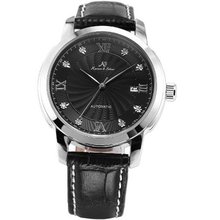 KS Luxury Black Auto Mechanical Date Diamond Leather Dress Analog Wrist KS092