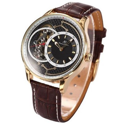 Ks Skeleton Luxury Dual Movement Automatic Mechanical Brown Leather Wrist KS131