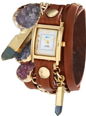 La Mer Collections LMDRUZYCW003 North Star Gold Square Case Brown Wash Layer Strap Multi-Colored Druzy Gold Dipped Crystals