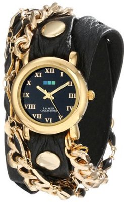 La Mer Collections LMMULTI2016 Black Magic Leather Strap Black Enamel Chain 14k Gold-Plated Jewelry Chains Gold Circle Case Black Dial