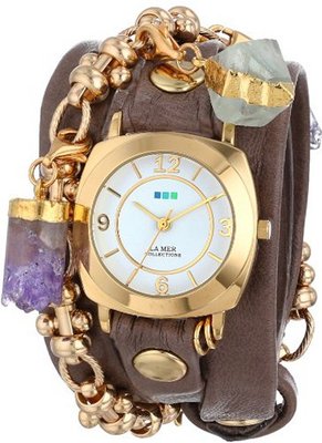 La Mer Collections LMTOPANGA001 Topanga Removable Crystal Gold Odyssey Case White Dial Mushroom Gold Leather
